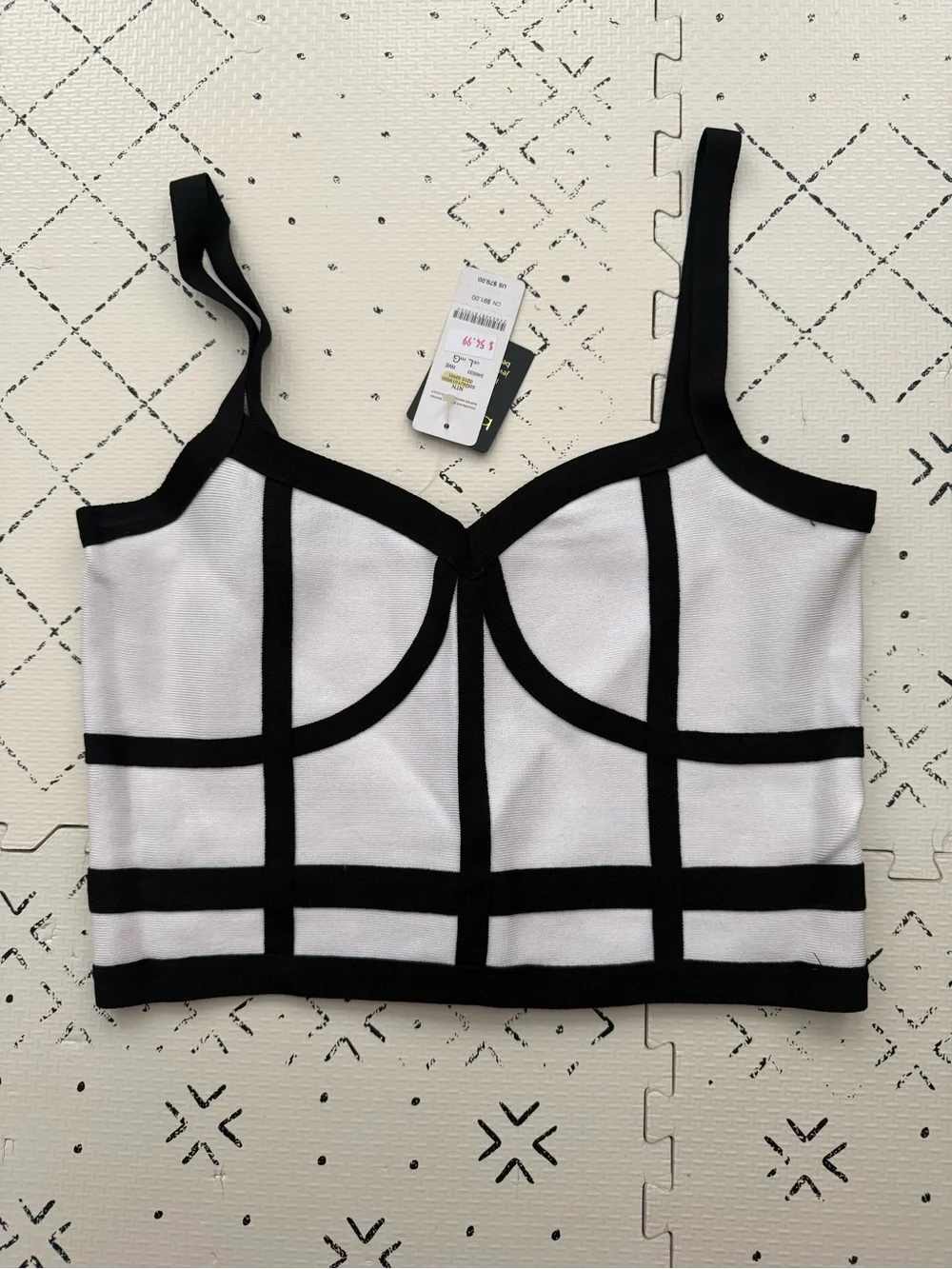 bebe White and Black Grid Zip-Back Crop Top